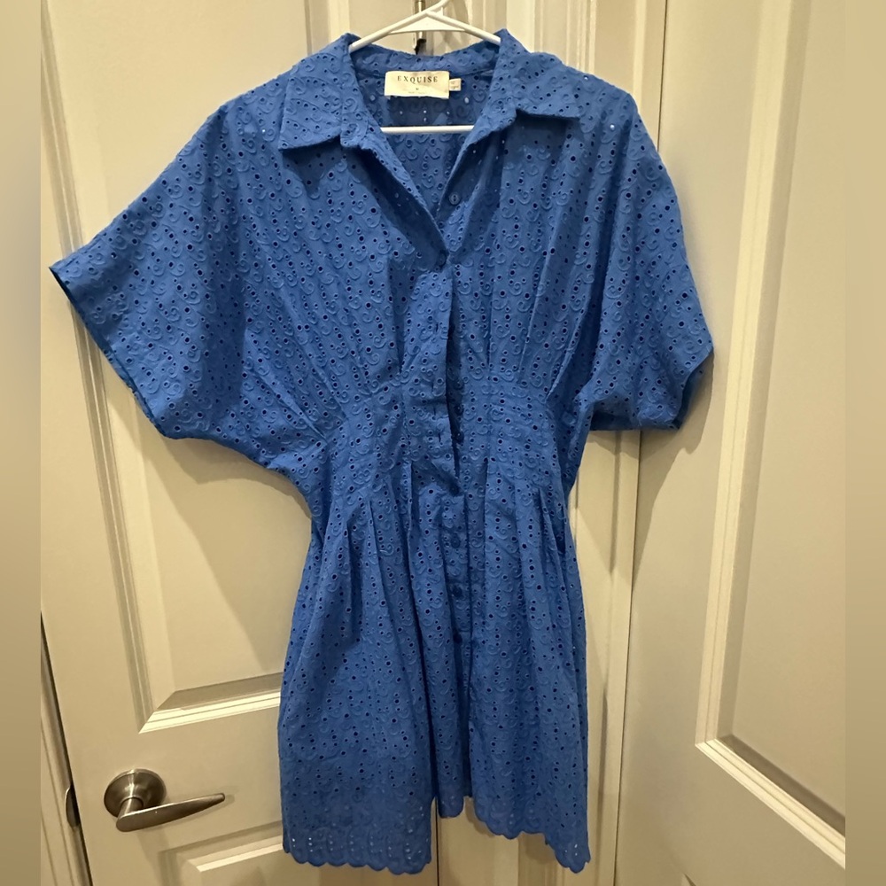 The Tobie Button-Front Pleated Shirt Dress by Exquise: Mini Eyelet BLUE